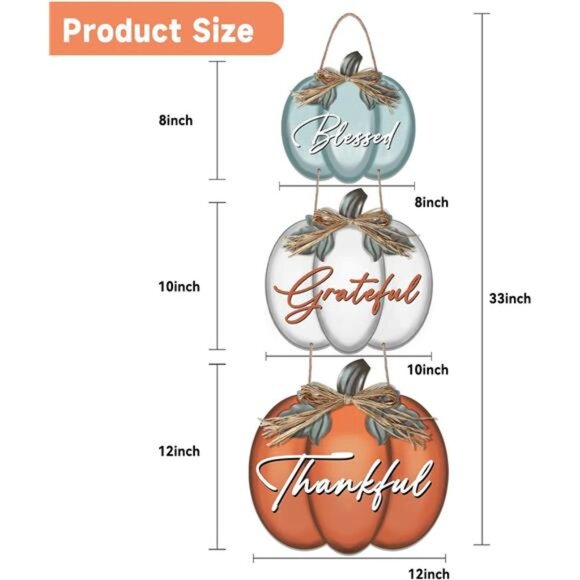 3 Pieces Pumpkin Decor Grateful‎ Thankful Blessed Wall Signs,Rustic Hanging - Picture 3 of 8